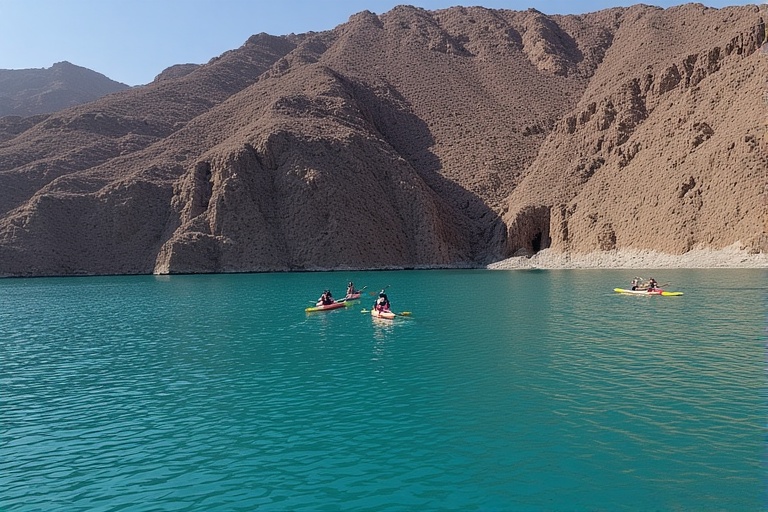 Kayaking on turquoise waters at Hatta Dam with mountain backdrop
